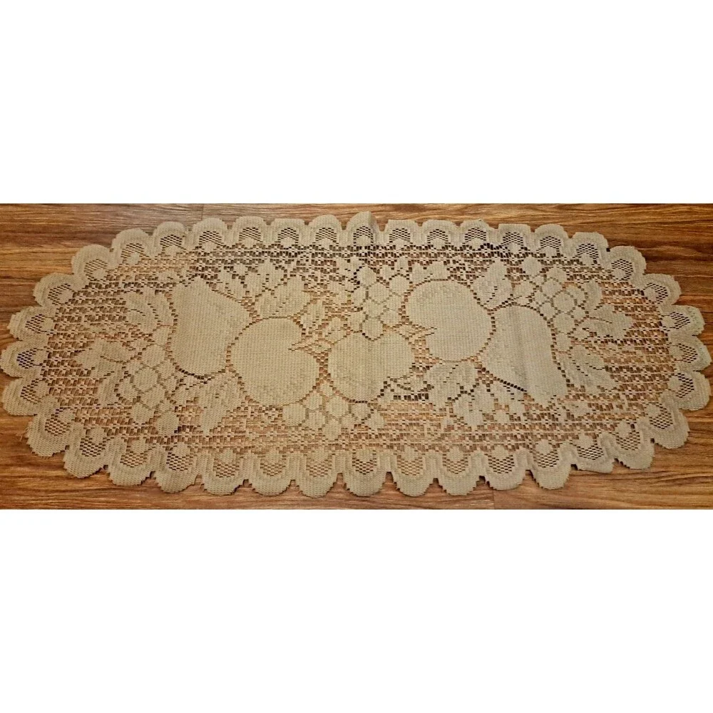 Brown Lace Table Runner Fruit Apples Pear Dresser Scarf Country Cottage 30x13